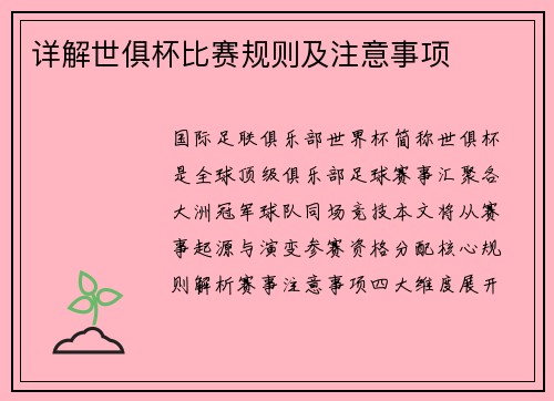 详解世俱杯比赛规则及注意事项