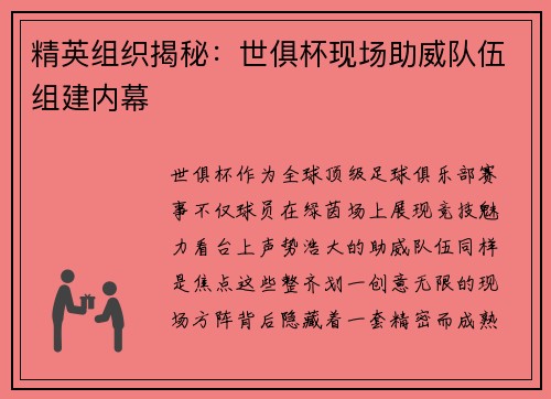精英组织揭秘：世俱杯现场助威队伍组建内幕